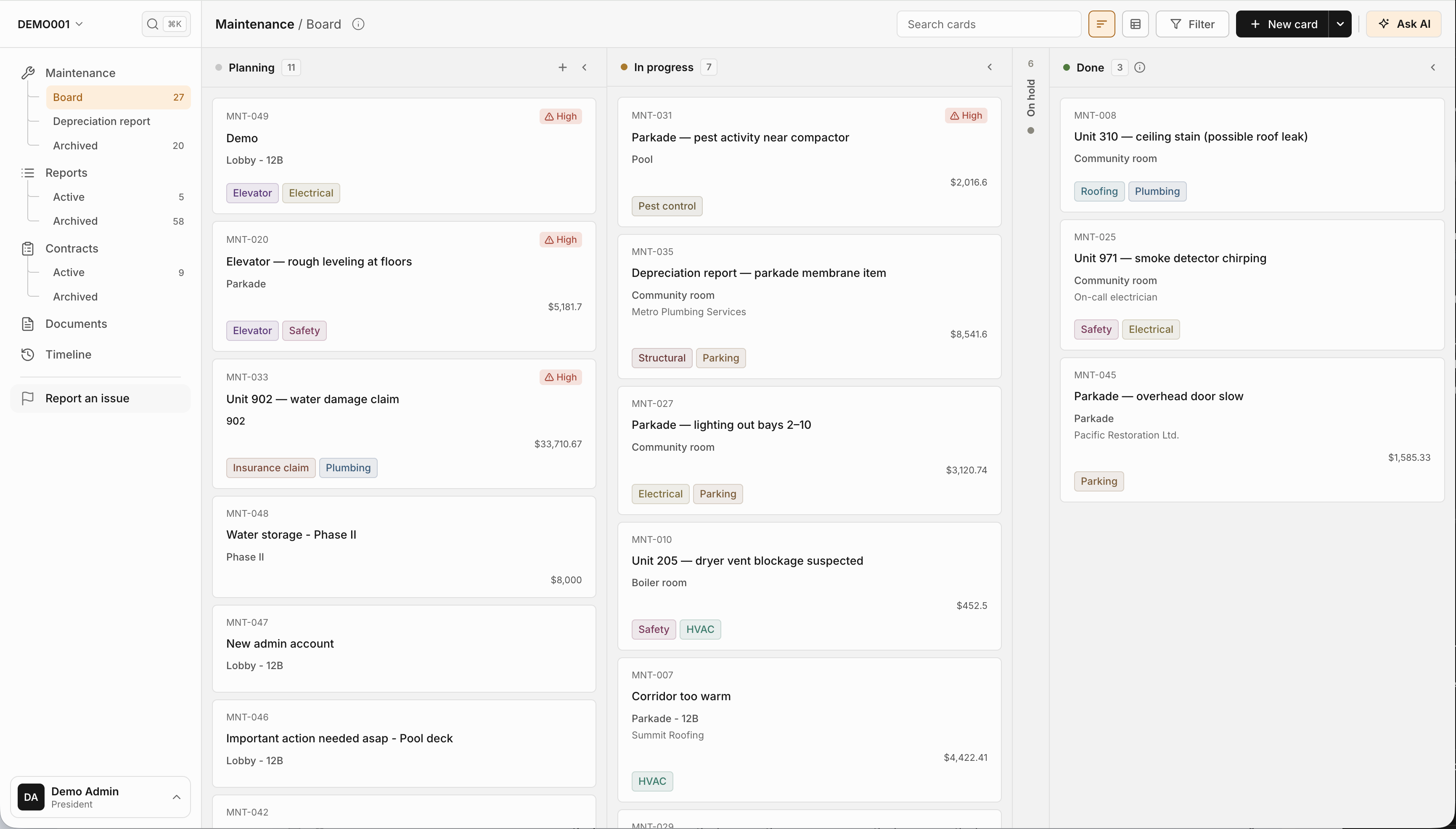Pleno maintenance board with planning, in progress, and done columns.